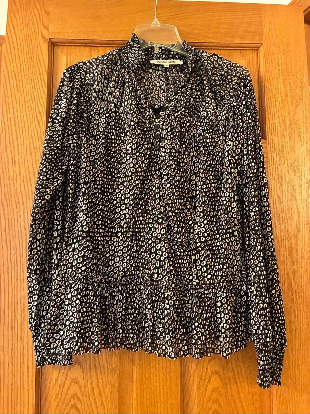 Diane Von Furstenberg Black and White and brown Printed Ruffle-Hem Blouse
